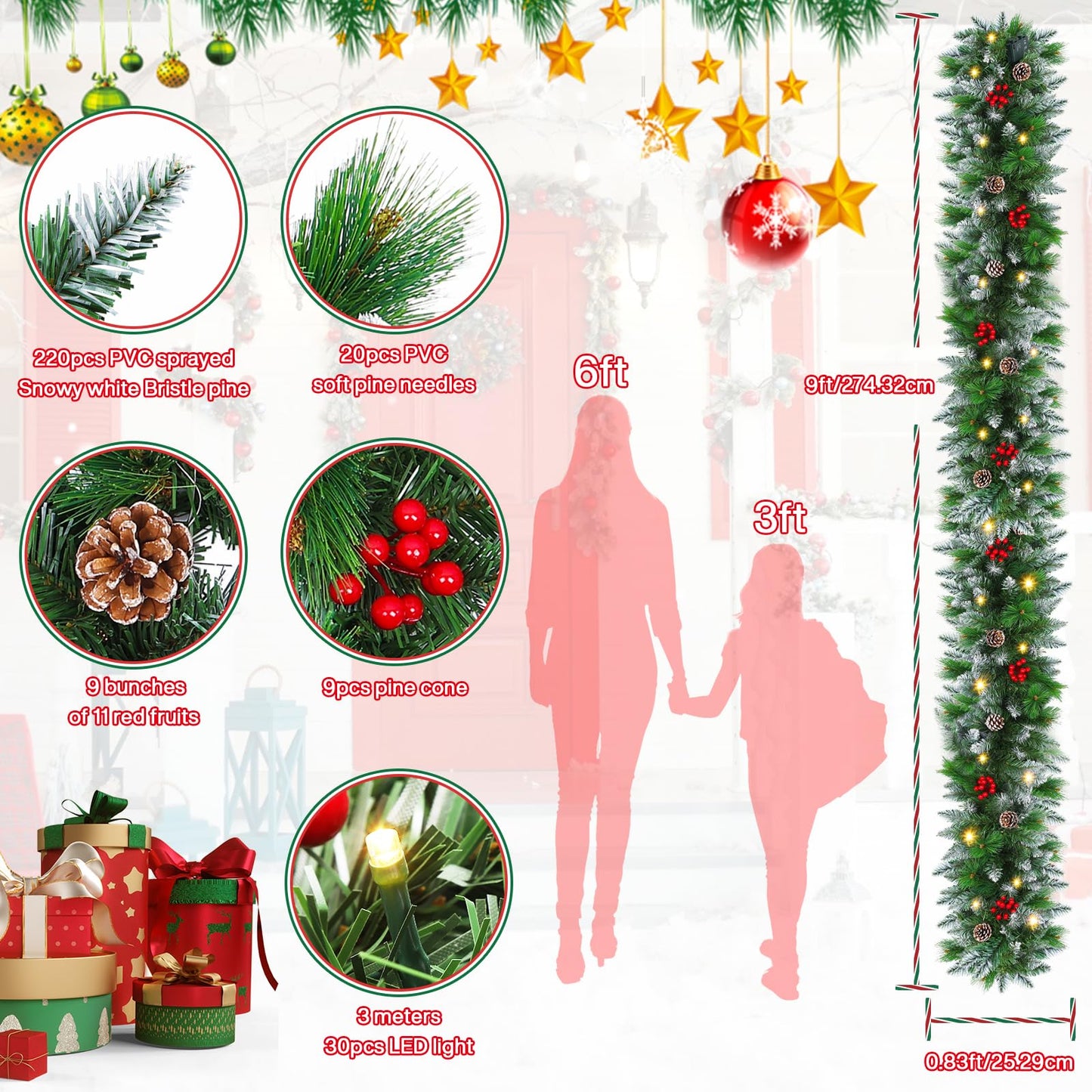 9FT Prelit Christmas Garland with Lights Decorations: Artificial Greenery Garland Battery Operated for Fireplace Mantle Stairs Windows Xmas Decorations, Indoor Outdoor Holiday Garland Decor