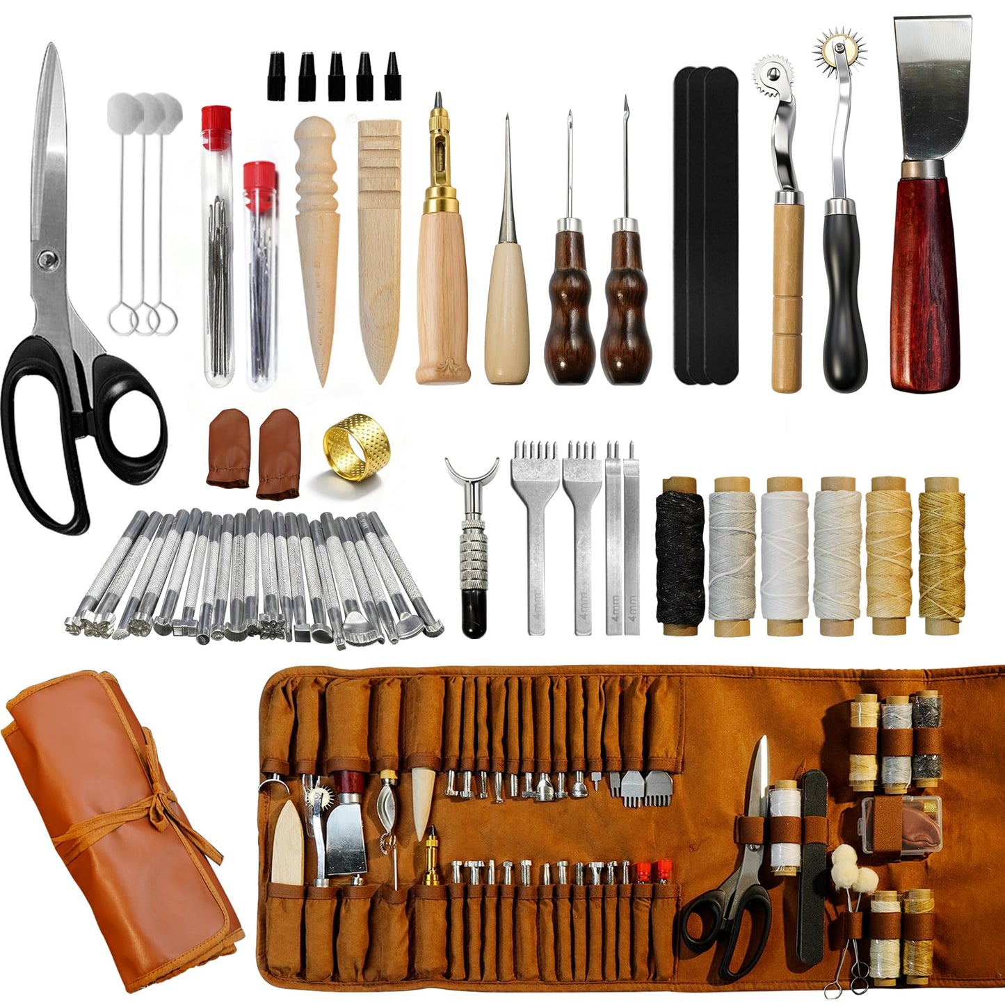 Runfider Leather Working Tool Set 72PCS Professional Leather Craft Tools Kit for Beginners with Carving Cutting Punching Sewing & Stamping Tools Leatherworking Kit for Handicraft DIY