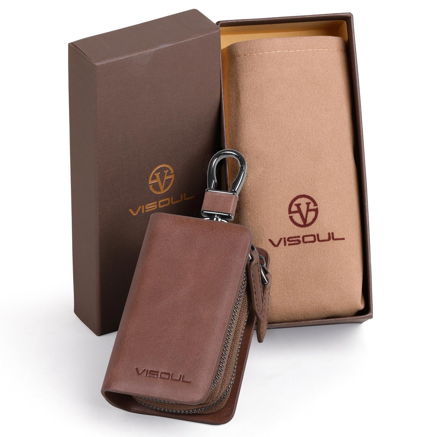 VISOUL Car Key Case Holder Double Zipper, Leather Car Smart Key Fob Case with Keychain for Men and Women-Brown