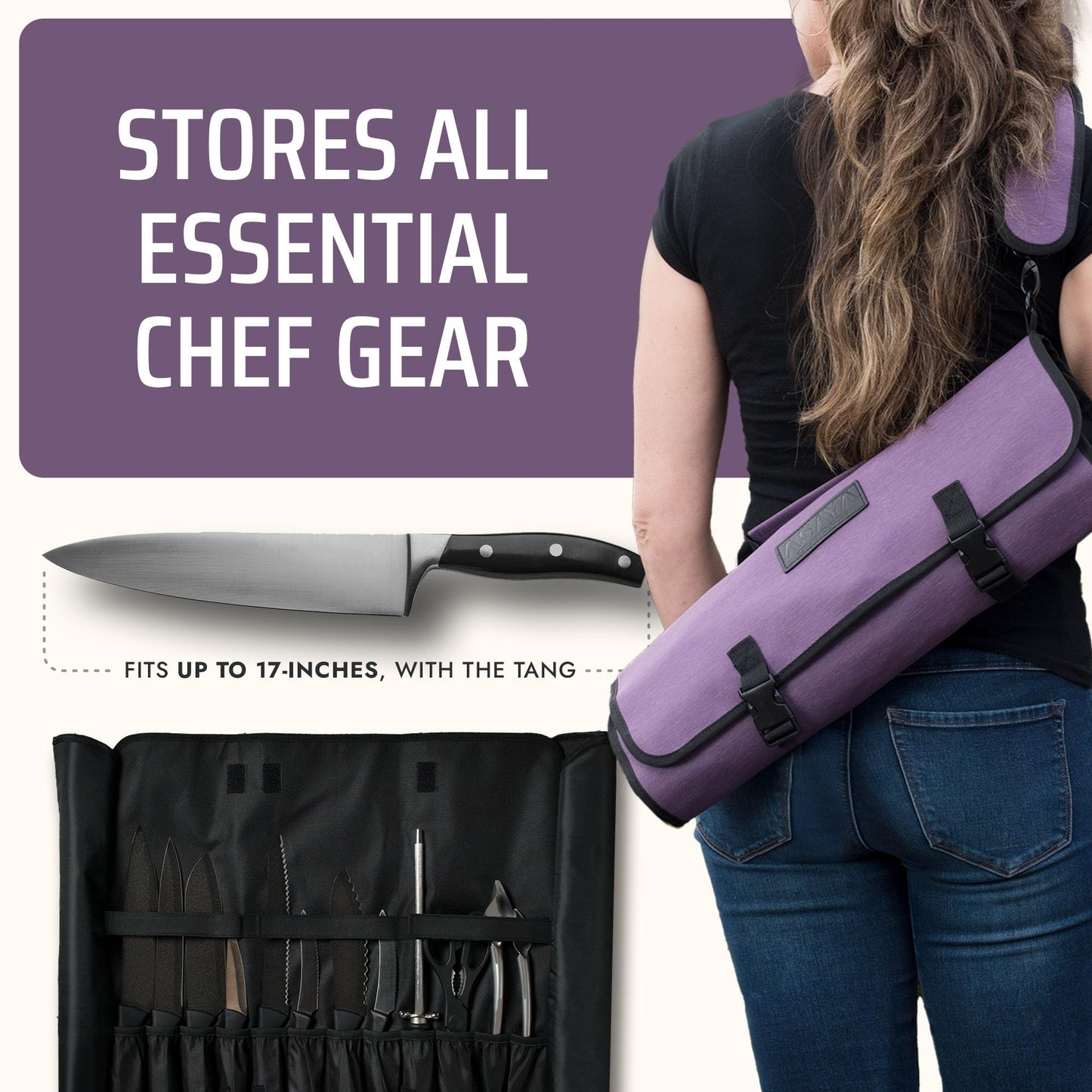 Asaya Waxed Nylon Chef Knife Roll Bag with 20 Slots and Zippered Pockets - Professional Chef Knife Bag & Storage Case, Tool Carrier with Shoulder Strap - Knives Not Included (Purple)