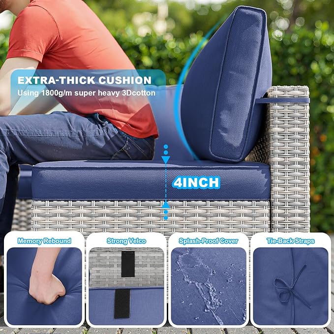 12-Piece Patio Furniture Set, Outdoor Patio Furniture with Swivel Chairs Set, Ottomans, Modular Patio Sofa, Dual-Strand Wicker Rattan, Rust-Resistant Frame, Navy Blue