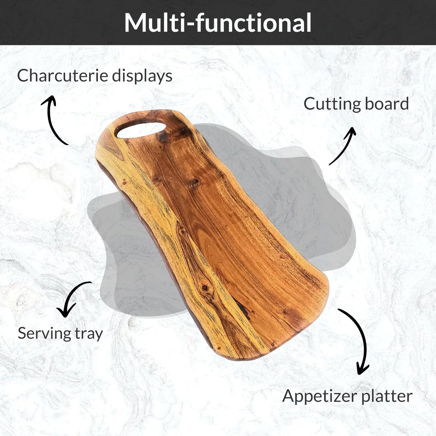Acacia Charcuterie Board with Natural Live Edge & Round Handle - Wood Cheese Board - Decorative Wooden Serving & Cutting Board - Housewarming, Mothers Day, New Home & Wedding Gifts (XL - 24” x 10”)