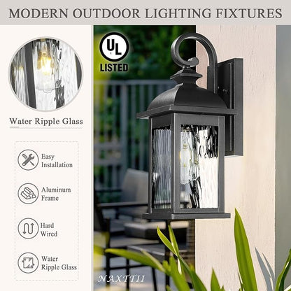 Outdoor Wall Lantern Waterproof Porch Sconces Wall Mounted Lighting Matte Black Exterior Wall Lights with Water Ripple Glass for House Garage Doorway 21 Inch Height E26 Socket
