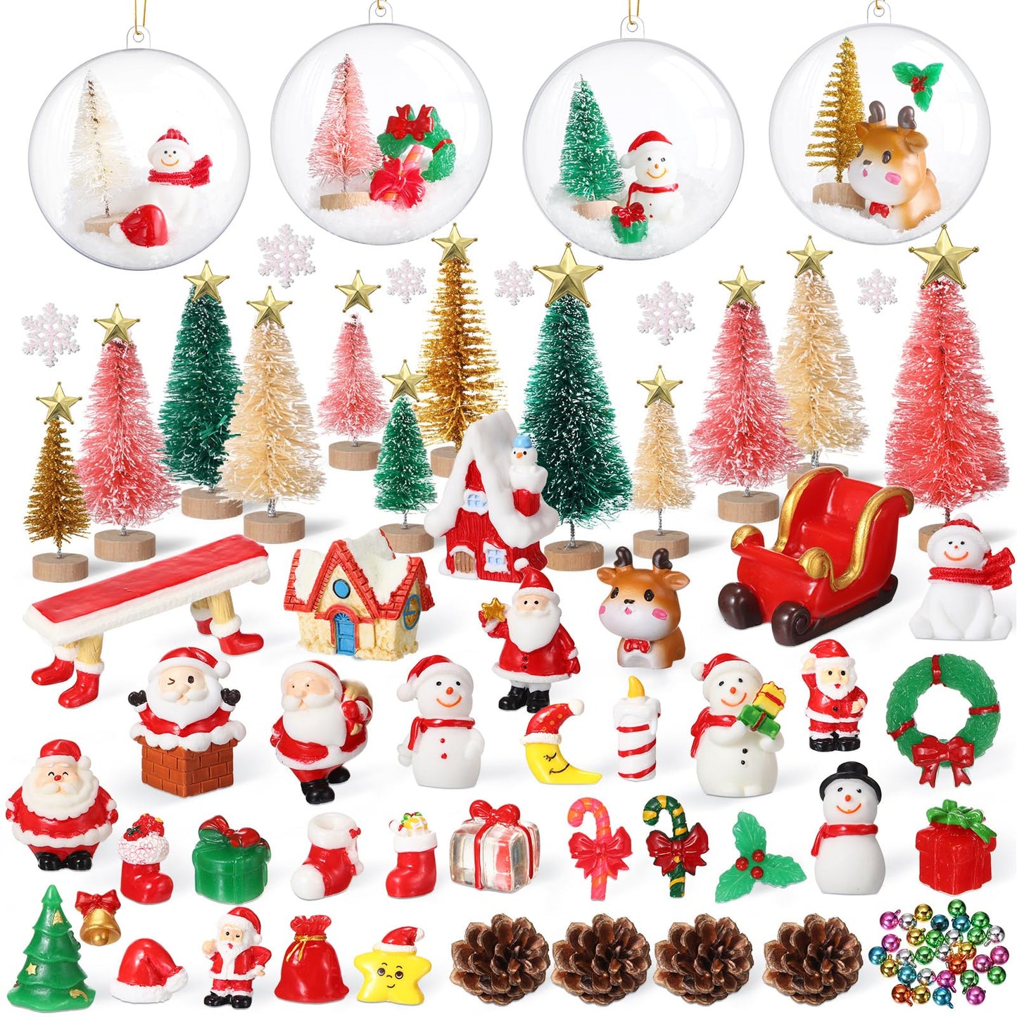 Roowest 96 Pcs Miniature Ornaments for Snow Globe Kit DIY Christmas Village Decoration Christmas Figurines Mini Ornaments with Snowman Reindeer Santa Claus Snowflake(Green)