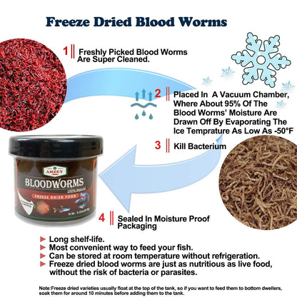 Amzey Blood Worms 0.35oz -100% Natural Freeze Dried Blood Worms - Aquarium Fish Food - High Protein Food for Betta Fish, Food for Goldfish, Cichlid, Guppy, Discus, Turtle