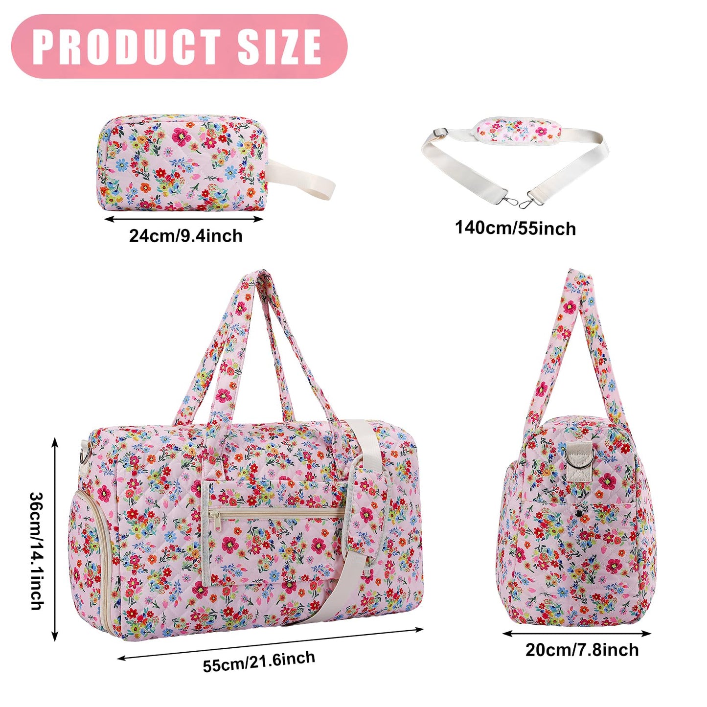 Large Floral Quilted Duffle Bag Coquette Pink Floral Portable Gym Lightweight Weekender Bag for Women with Makeup Pouch with Dry and Wet Separation for Women Travel Hospital