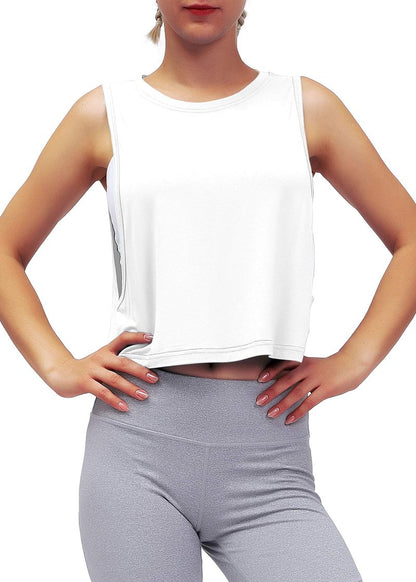 Mippo Cropped Workout Tops for Women Crop Top Workout Shirts Muscle Shirts Mesh Tank Athletic Clothes Active Wear White M