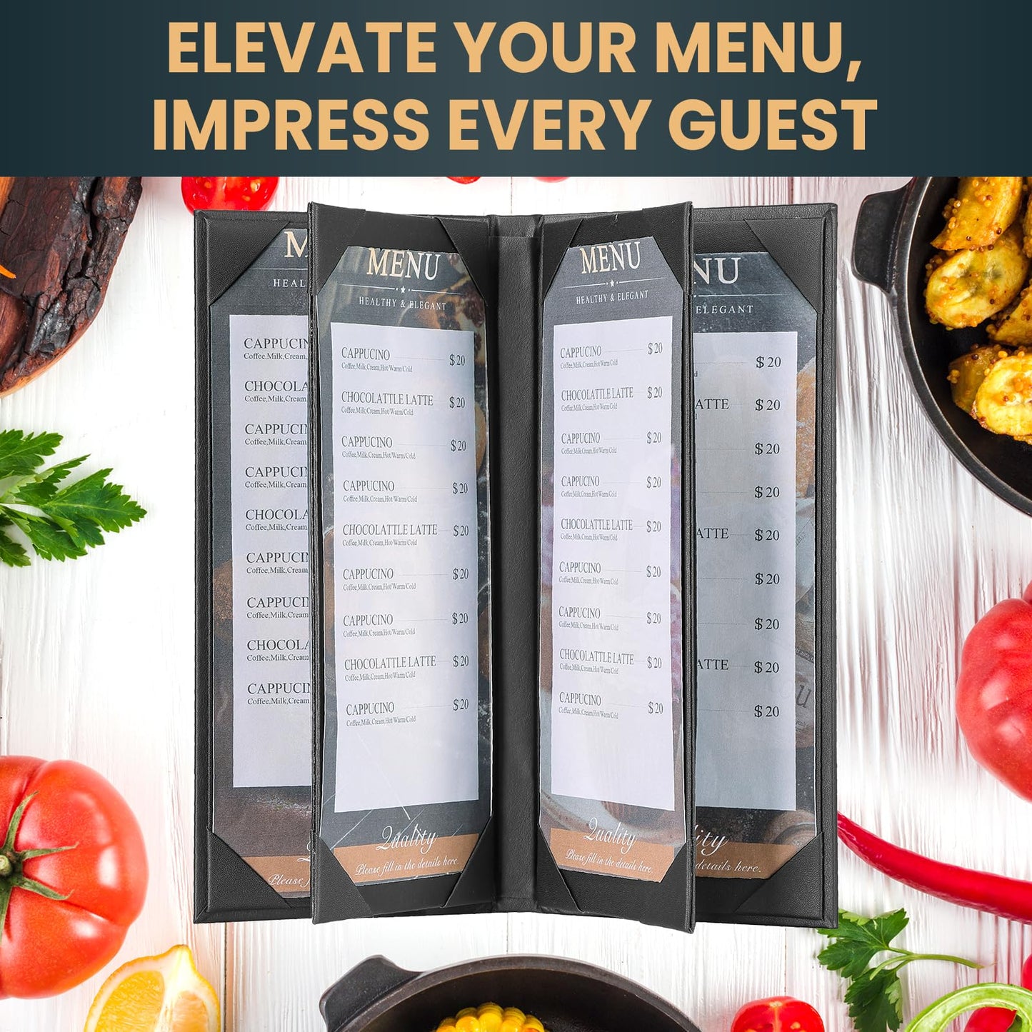 AMGSH 12 Pack 6 View Menu Holder Menu Covers 4.25" x 11" | Black Leather Menu Sleeves Book Style for Restaurant Coffee Bars Wine List