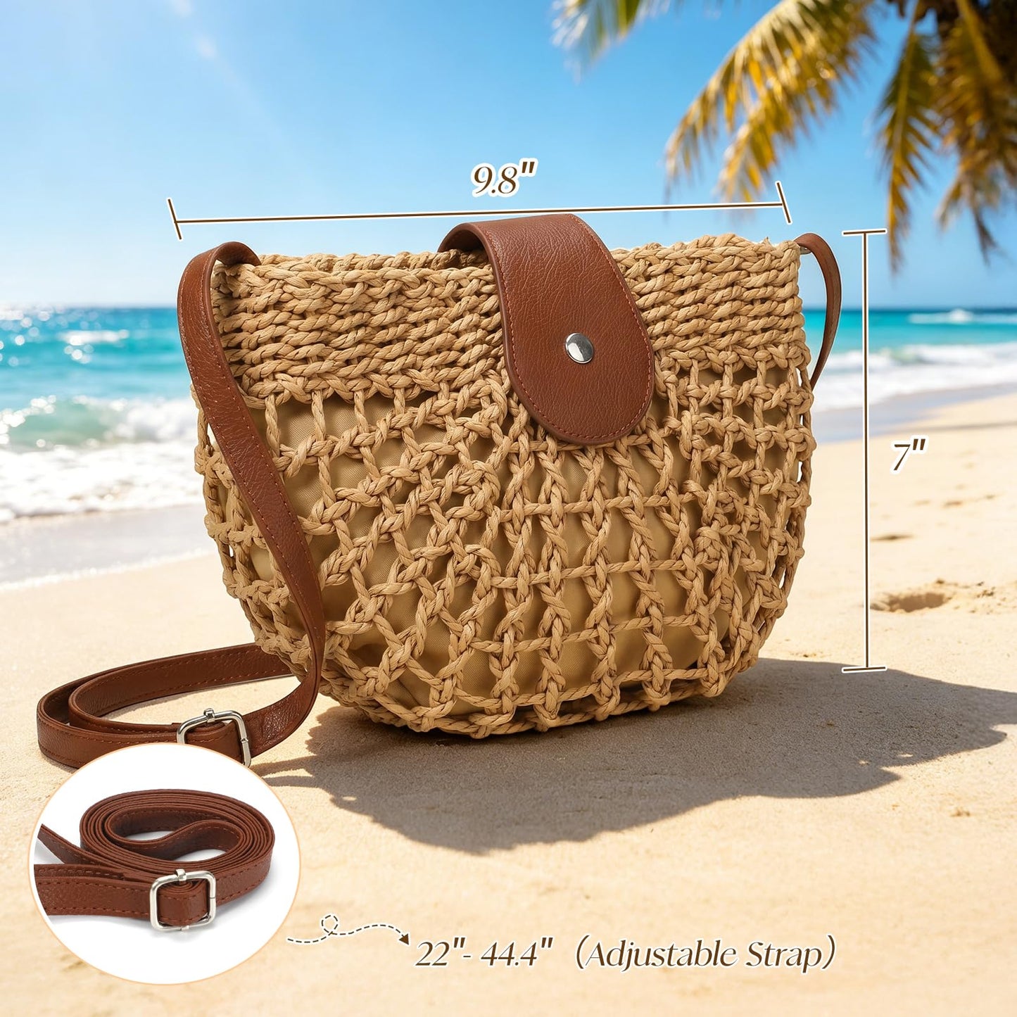 XquiziFit Straw Bag Beach Purse Summer Purses for Women Vacation Handbags Woven Crossbody Bags Khaki
