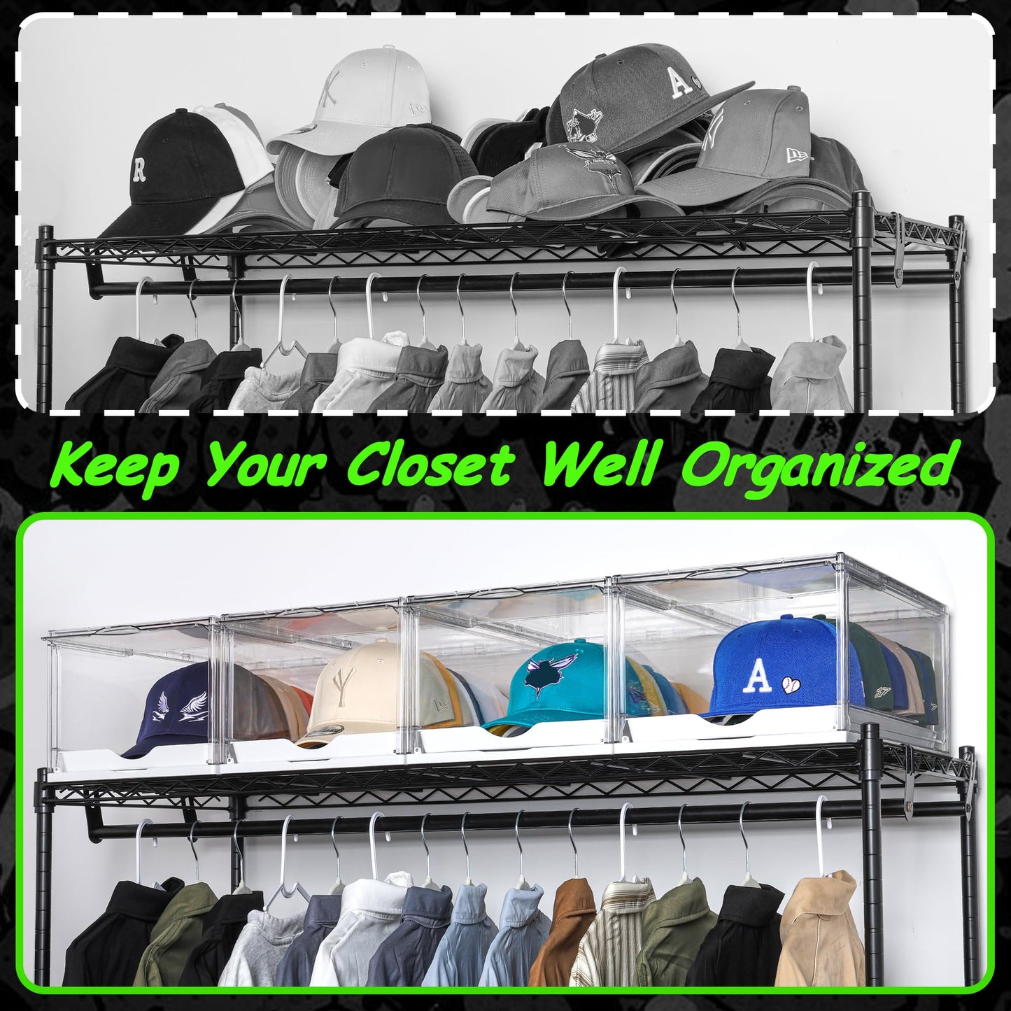 Vtopmart 2 Pack Hat Organizer for Baseball Caps, Clear Hats Holder Box with Drawer, Large Cap Storage with Sliding Tray, Stackable Rack Display Case with Magnetic Door, Each Holds 12 Hats
