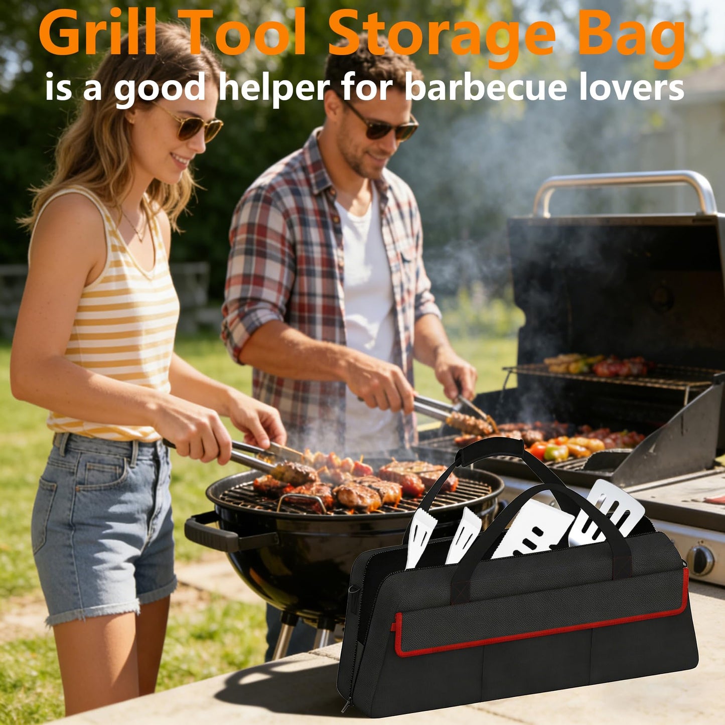 Grill Tool Storage Bag,Grill Utensil Storage Bag for Barbecue Tool up to 22",BBQ Utensil Storage Caddy with Pockets,Barbecue Utensil Case for Outdoor Grilling, Camping, Bag Only