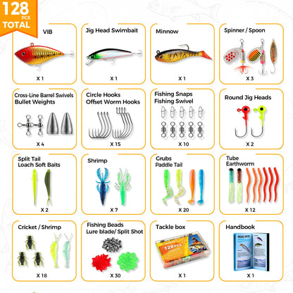 PLUSINNO Fishing Lures, 128Pcs All-in-One Fishing Tackle Box with Step-by-Step Handbook, Fishing Gear & Bait Accessories Kit for Freshwater Bass, Ideal Fishing Gifts for Men, Father & Beginners