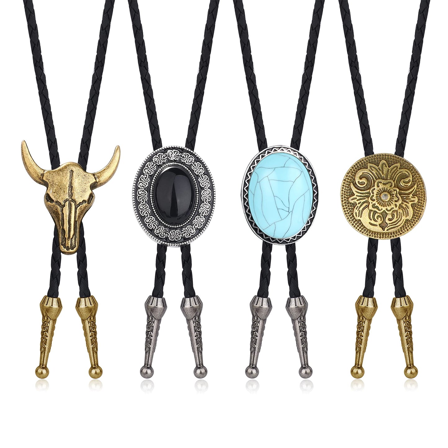 CASSIECA 4Pcs Handmade Bolo Tie for Men Western Cowboy Leather Necktie Halloween Costume Accessories for Men Women