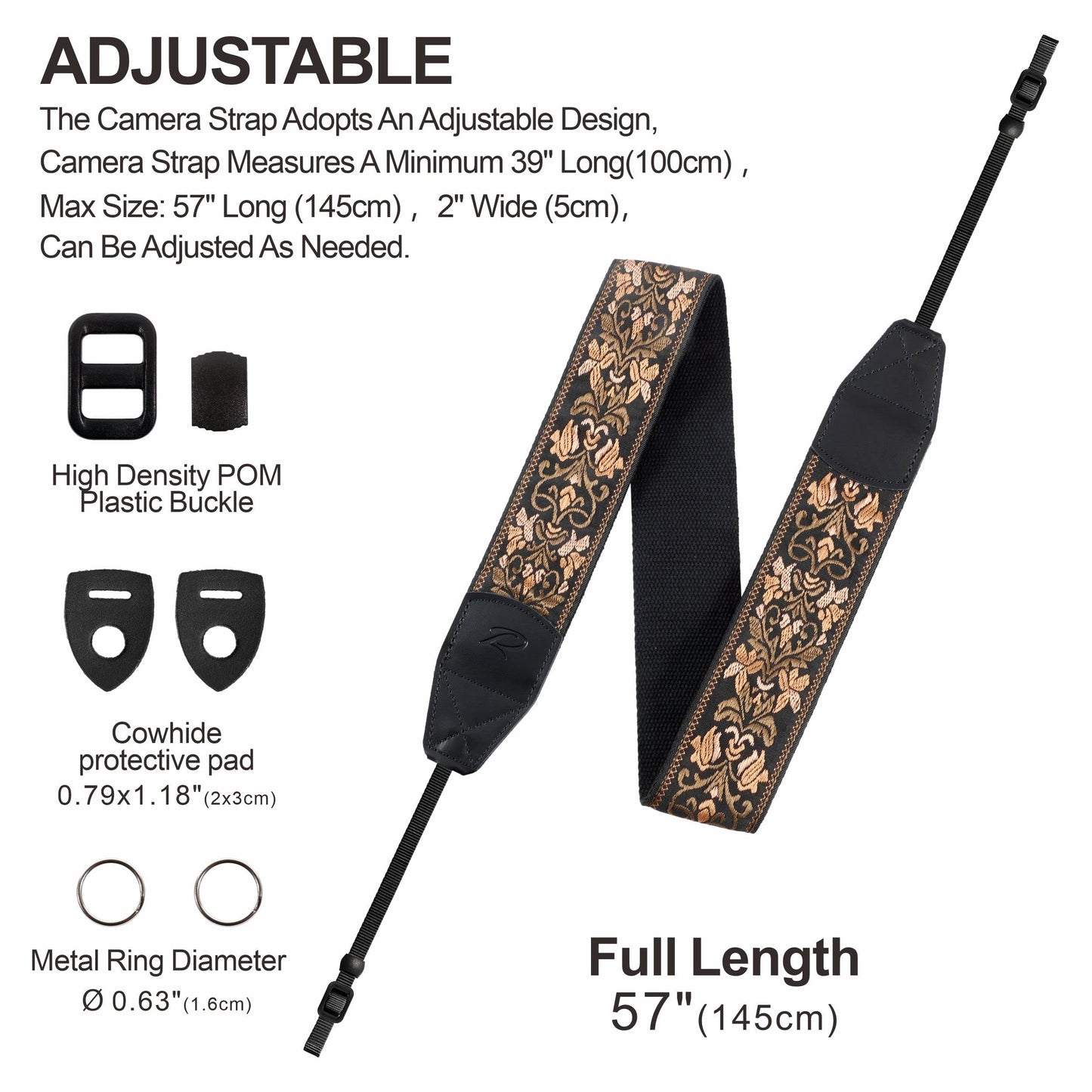 Padwa Lifestyle Camera Strap - 2" Wide Vintage Jacquard Embroidery Flower Camera Straps with Genuine Leather Head,Complimentary 2 Pcs Quick Release Clips for All Cameras and Men & Women Photographers