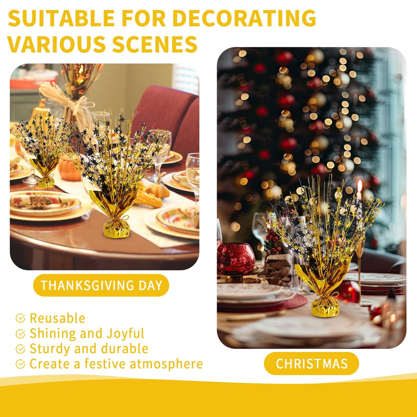 6 Pack Metallic Foil Spary Centerpieces for Tables, Black Gold Centerpieces for Tables Decorations, Star Brust Table Centerpieces for Birthday Graduation Wedding Baby Shower Party