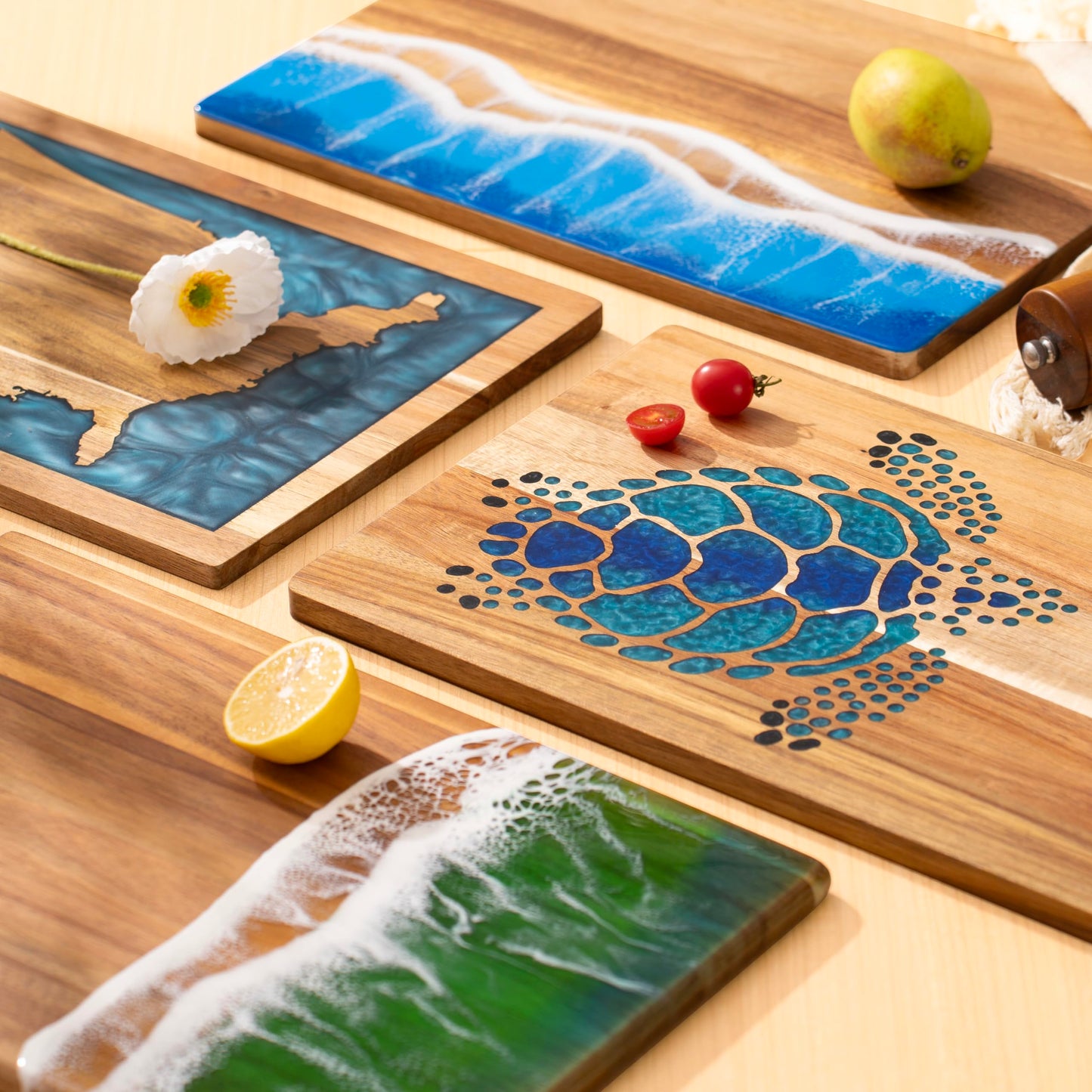 LILKUISYN Acacia Wood Cutting Board With Blue Resin Wave & Sea Turtle Epoxy Resin Ocean Pan for Kitchen Meal Prep Serving Tray Versatile Cheese & Charcuterie Board for Meat Vegetable Gift 15*10 inch