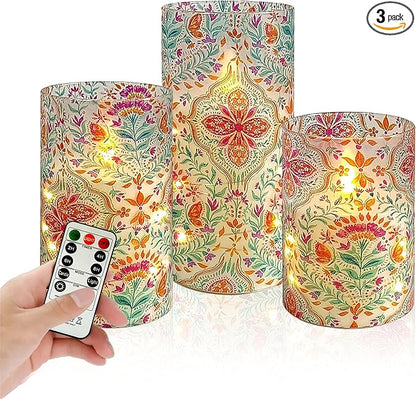 Printed Flameless Candles with String Lights - Set of 3 Colorful Battery Operated Candle Flickering Floral LED Pillar Candles with Timer Remote for Home Decor Romantic Ambiance,BFLY
