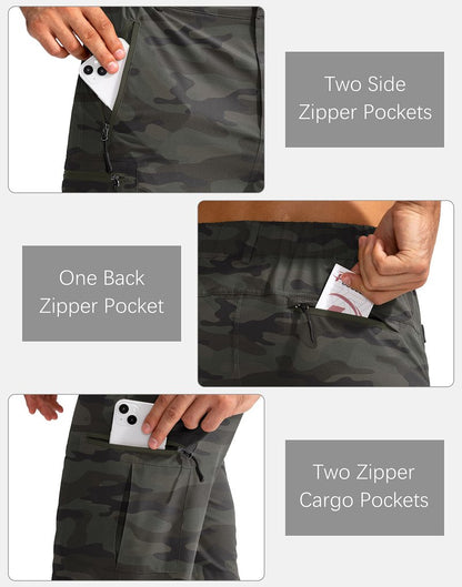 Pudolla Men's Hiking Cargo Shorts 9" Lightweight Outdoor Work Shorts for Men Travel Golf Camping Casual with 5 Zipper Pockets(Green Camo XX-Large)