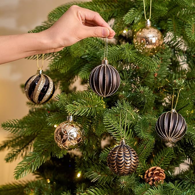 JORNOY Christmas Balls Ornaments, 30ct Shatterproof Xmas Tree Decorations, Hanging Bulbs Baubles Set with String for Holiday Home Party Decor, 2.36 inch/60mm, Black&Gold