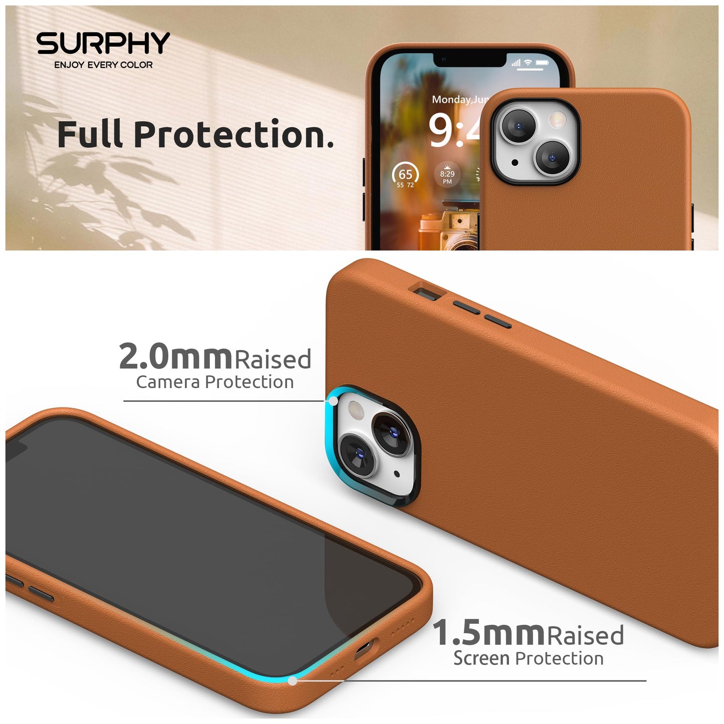 SURPHY Compatible with iPhone 13 Case, Premium Faux Leather Phone Case (with Metallic Buttons & Microfiber Lining) for 13 (6.1 inch 2021), Brown