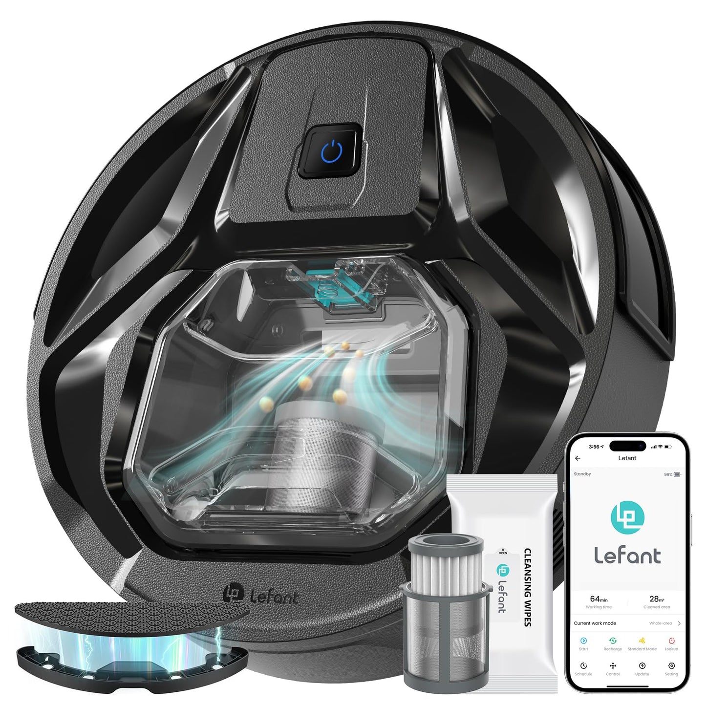 Lefant M320 Robot Vacuum Cleaner, Carpet Detection, 6,000 Pa Suction, Low Noise, 800ml Visible Dustbin, 210 Mins Runtime, Self-Charging, Works with Alexa, Ideal for Hard Floor, Pet Hair, Black