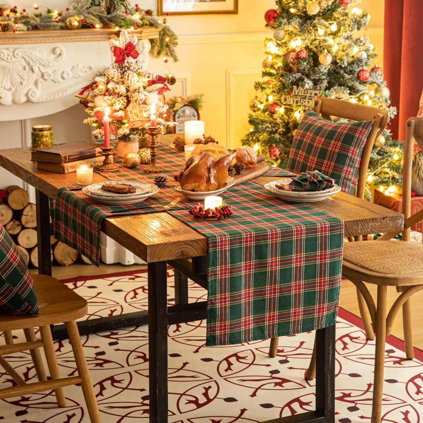 Green Red Plaid Christmas Table Runner, Winter Holiday Table Runners 108 inches Long Xmas Decorations Indoor Outdoor Farmhouse Home Kitchen Dining Party Decor