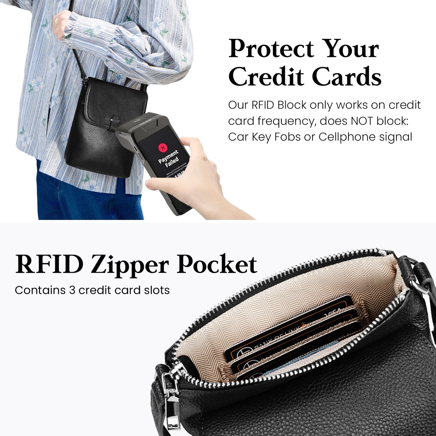 befen Black Genuine Leather Small Crossbody Bags for Women, Womens Cell Phone Purses Cross body Bag Purse with RFID Card Slots for Daily and Travel