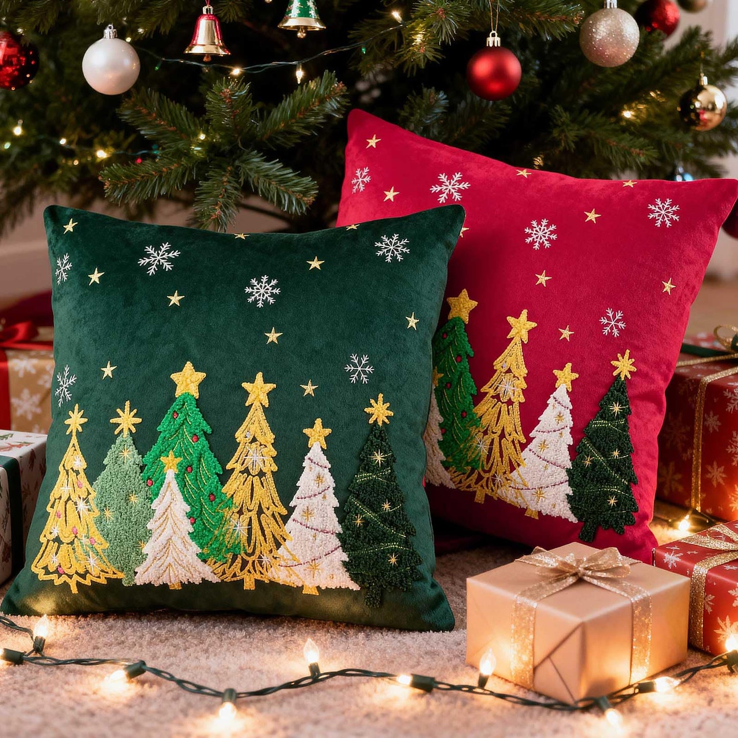 Lanpn 18x18 Christmas Pillow Covers Set of 2, Embroidery Cute Christmas Tree Decorative Holiday Pillowcase Pillow Case Cushion 18 x 18 for Indoor Home Bedroom Sofa Couch Xmas Decor
