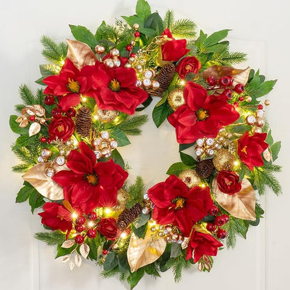 24 Inch Magnolia Christmas Wreath for Front Door, Christmas Wreath with LED Lights, Red Flowers, Red Berries, Pinecones Christmas Decorations，Winter Door Wreath for Wall Window Indoor or Outdoor