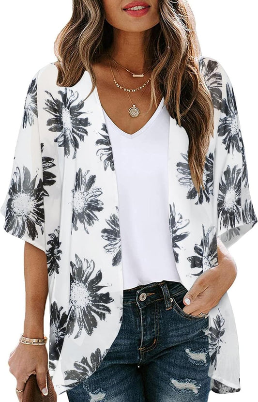 Floral Print Puff Sleeve Kimono Cardigan - Casual Loose Blouse Top for Women | Stylish Cover Up