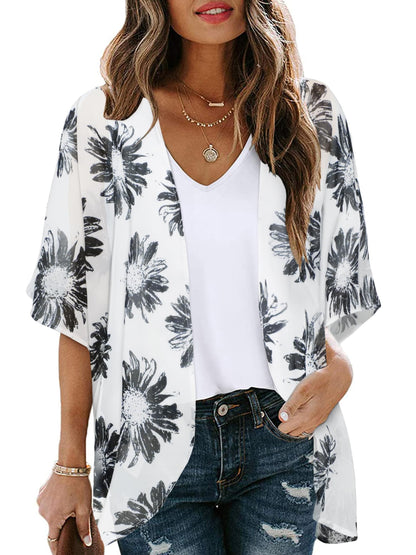 Women Daisy Kimono Cardigan Sheer Beach Coverup Chiffon Loose Casual Open Front Tops (Dasiy WhiteS)
