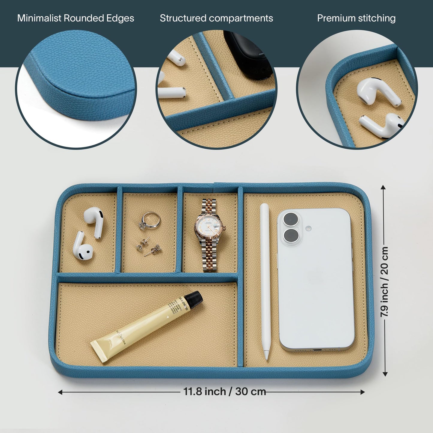 Nordik Leather Valet Tray - Nordik Blue - 11.8x7.9 Inch Large-Sized Vegan Leather Tray - Stylish Nightstand Organizer for Men - Modern Bedside Caddy - EDC Catchall for Keys Watch Wallet Jewellery