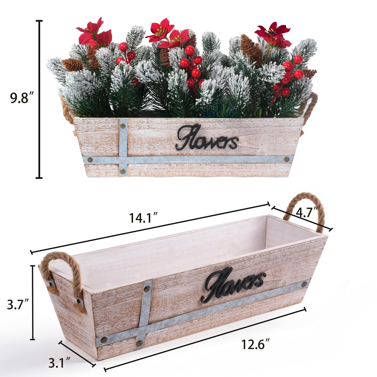 Artificial Christmas Centerpiece with Snowy Norfolk Pine Garland, Poinsettias, Berries & Pine Cones in Rustic Wood Planter – Holiday Table Decoration for Home, Kitchen, Office, or Mantel