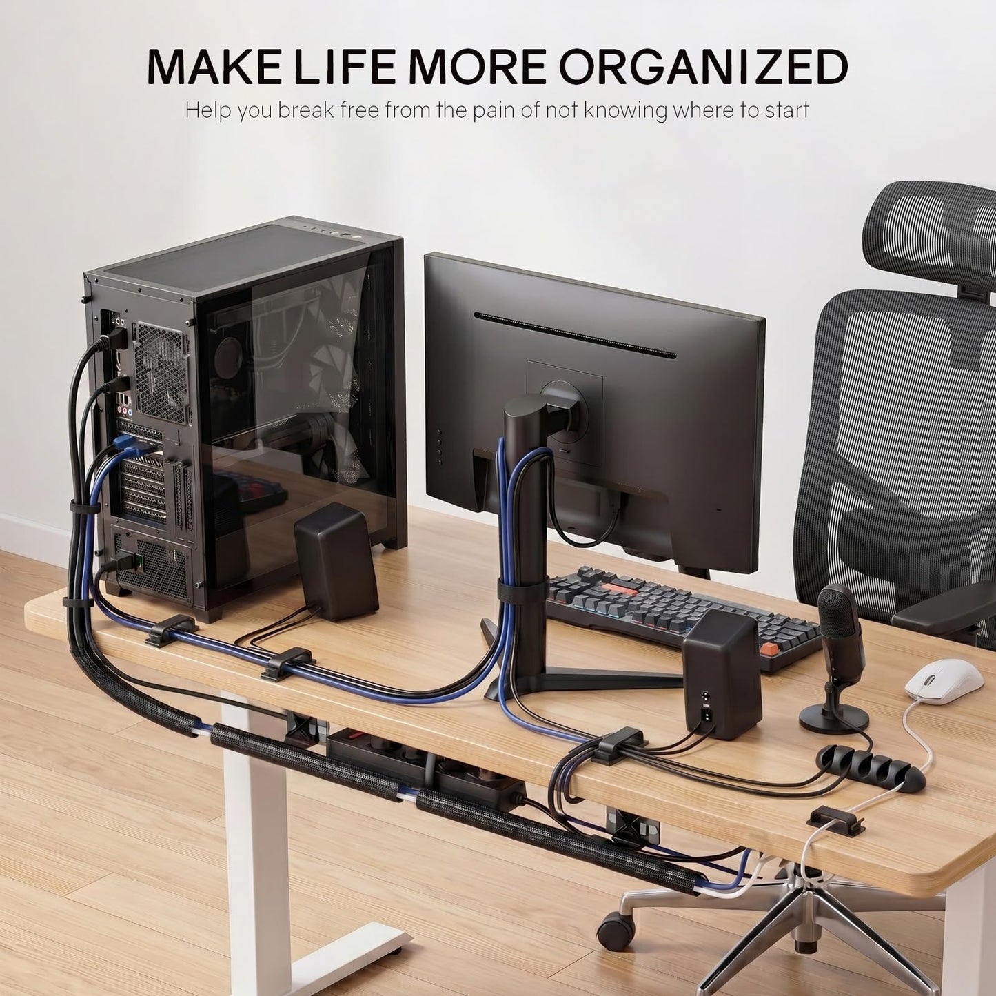 353 PCS Cable Management Kit - 1 Cable Management Box, 4 Cable Sleeve Split, 130 Adhesive Cable Clip, 17 Cable Holder, 1 Roll Cable Organizer Strap, 150 Cable Tie with 50 Mount, for Computer Desk TV