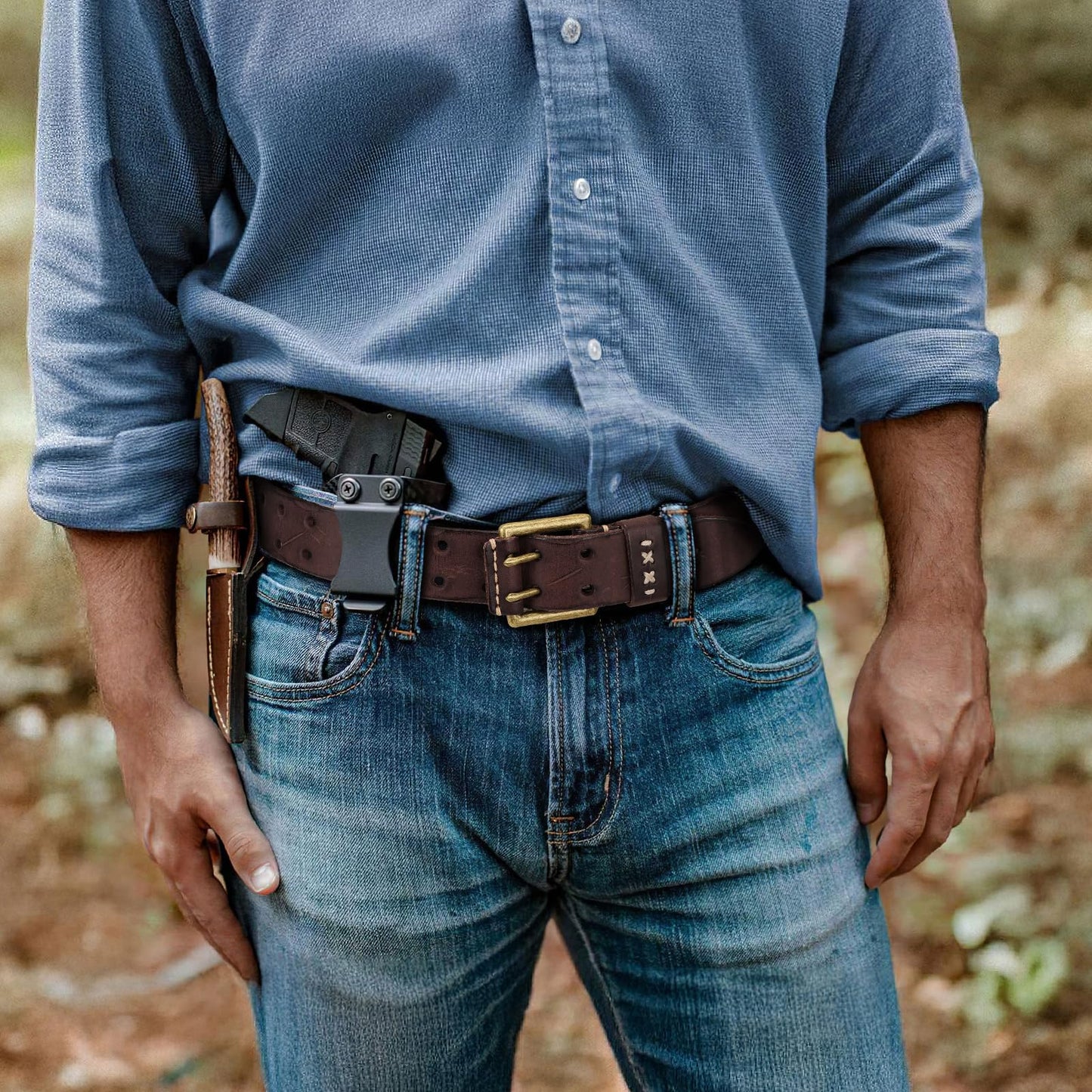 OZNDAS Real Leather Belts for Men Work Heavy Duty Double Prong Men's Belt Jeans Casual Mens Belts Leather Christmas Gifts Coffee Mens Leather Belt with Gold Buckle