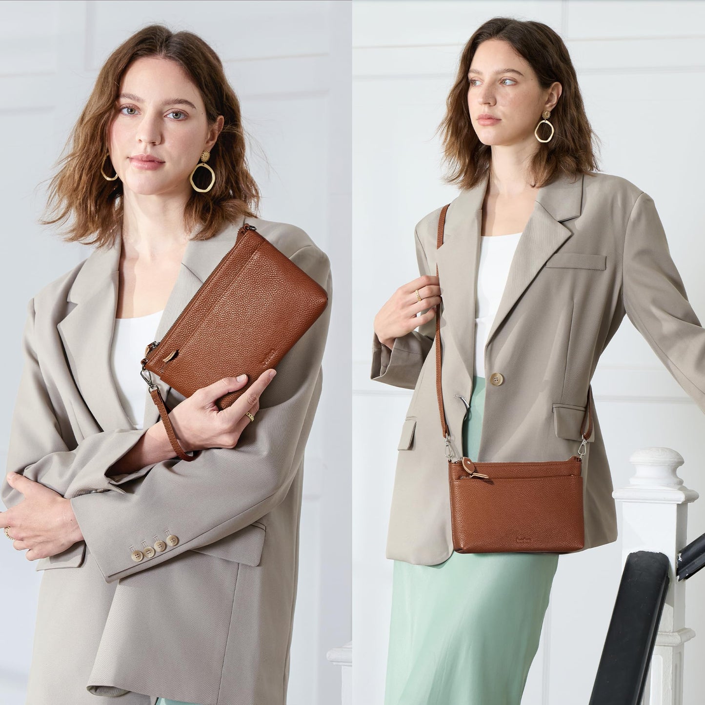 befen Leather Wristlet Wallets for Women, RFID Blocking Small Crossbody Bags, Women Leather Purses Handbags Shoulder Bag Clutch Purse with Adjustable Shoulder Strap and Wrist Strap, Deep Brown