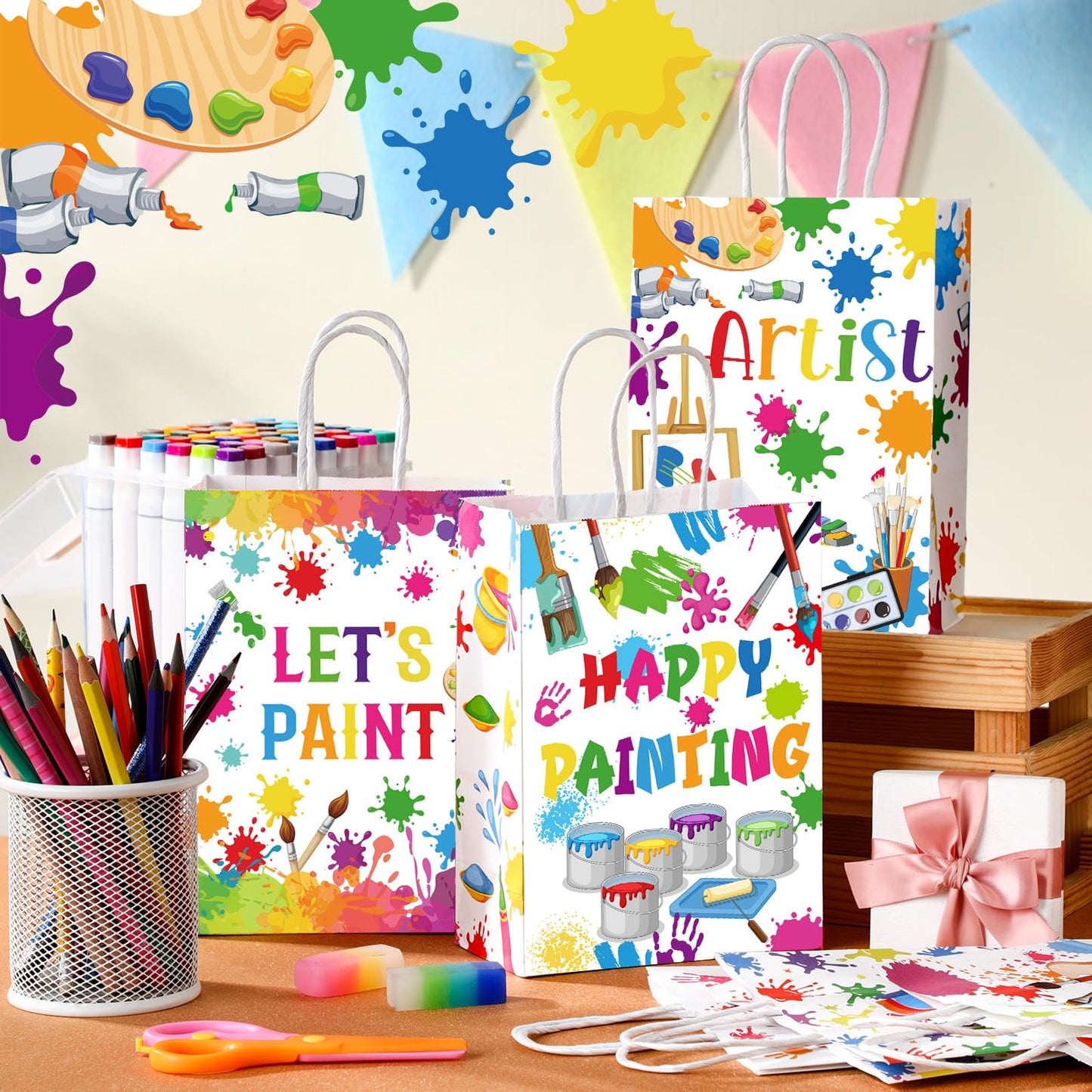Kolldenn 24 Pcs Art Party Favors Bags Paint Gift Goodie Paper Bags with Handles Splatter Art Candy Pouch‌ Artist Treat Pouch‌ for Painting Splatter Birthday Party Decorations Supplies