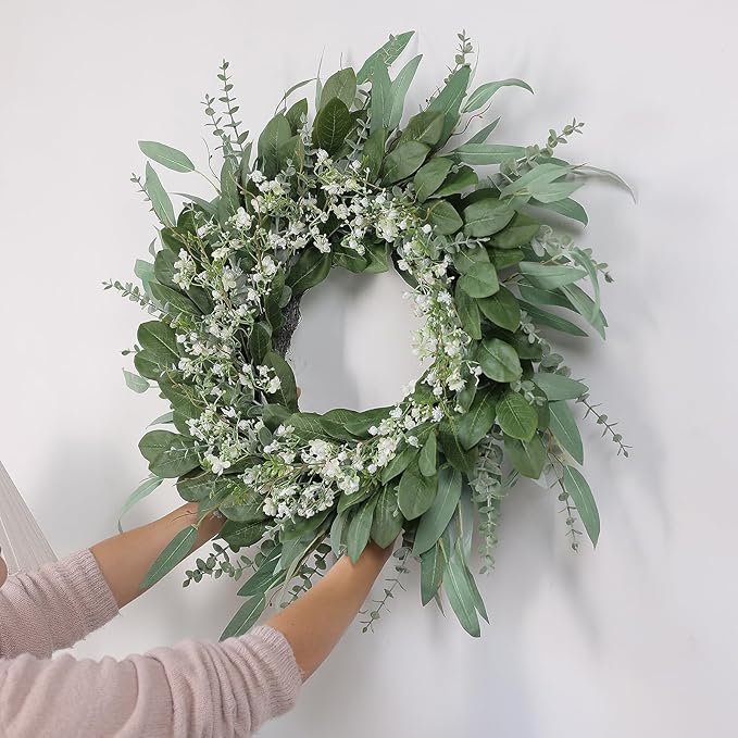 26'' Eucalyptus and Babys Breath Flowers Wreath for Front Door - Large Artificial Greenery Outdoor Wreath for Porch,Window,Farmhouse,Home,Hanging Decor- Spring, Summer, All Seasons (Green-White)