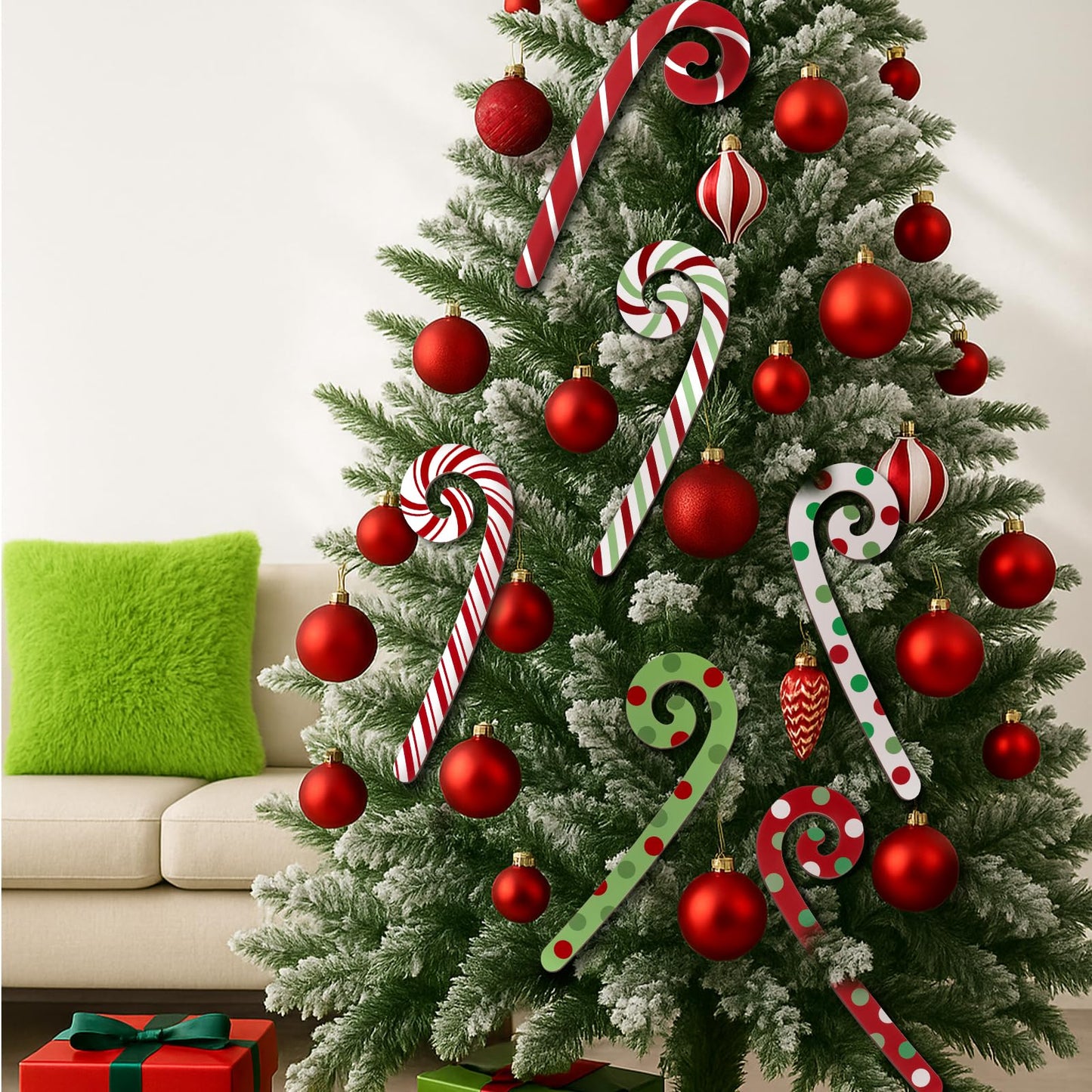 Yalikop 6 Pcs Large Christmas Candy Canes Decoration 15.75'' Wooden Red Green White Polka Dots Stripes Ornament Lollipop Candy Cane Ornaments for Christmas Tree Xmas Crafts Party Decor (Lovely)