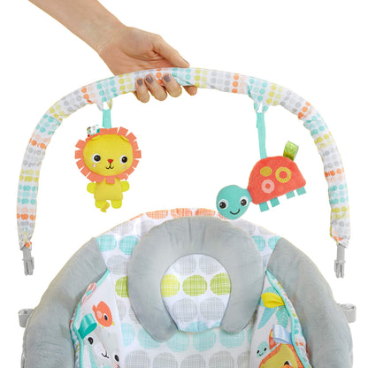 Bright Starts Comfy Baby Bouncer Soothing Vibrations Infant Seat - Taggies, Music, Removable -Toy Bar, 0-6 Months Up to 20 lbs (Whimsical Wild)