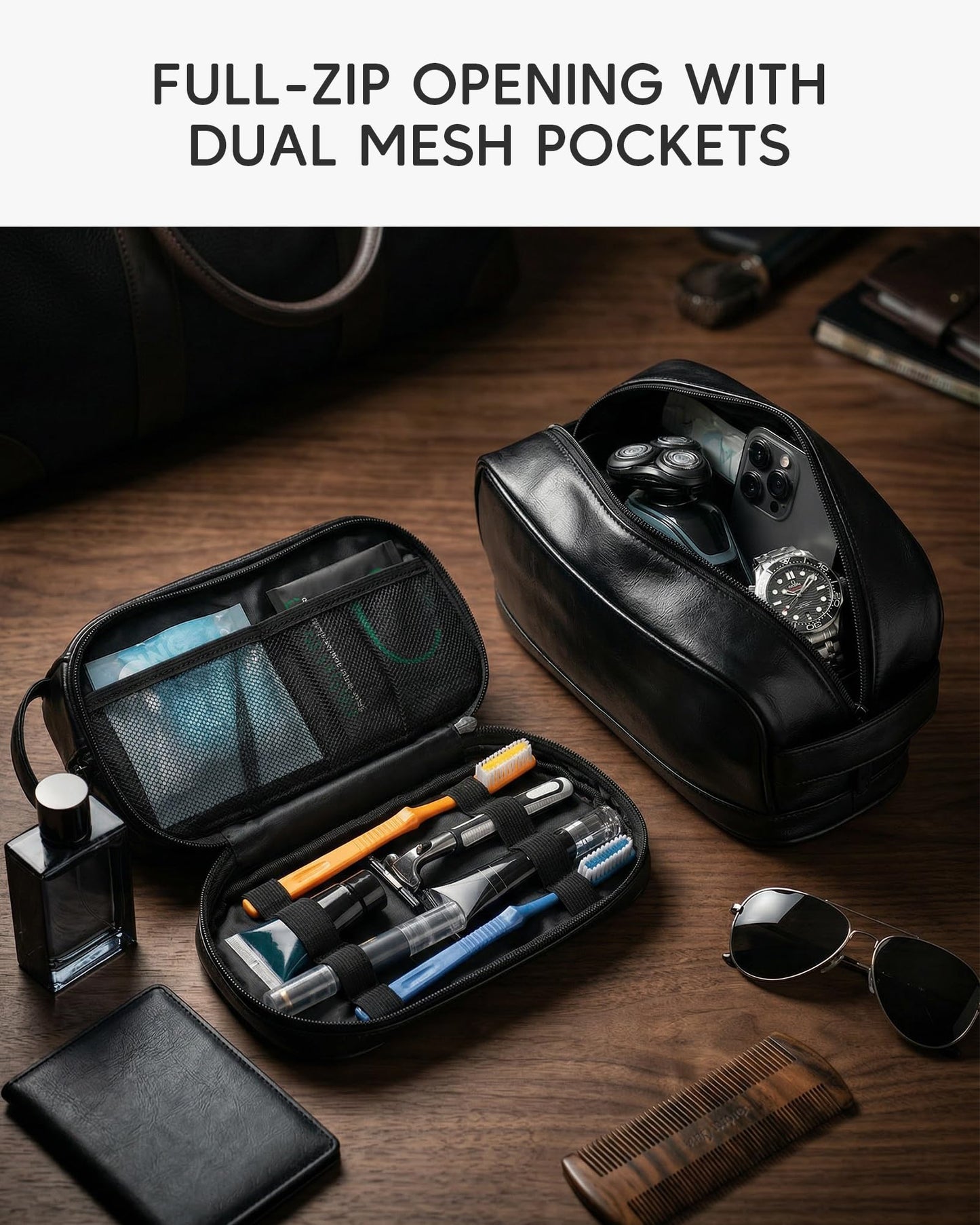 Nixjoro TSA Approved Toiletry Bag for Men Vegan Leather Travel Essentials Shaving Dopp Kit Toiletries Organizer Case for Grooming Farther Day Gift,Black