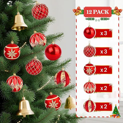 EveryMerry 12-Pack 3.1 Inch Christmas Ornaments Set - Red & Gold Ornament Balls with 5 Various Designs, Decorations with Strings, Sturdy, Kraft Box with Lid for Xmas Tree, Holiday Party & Home Decor