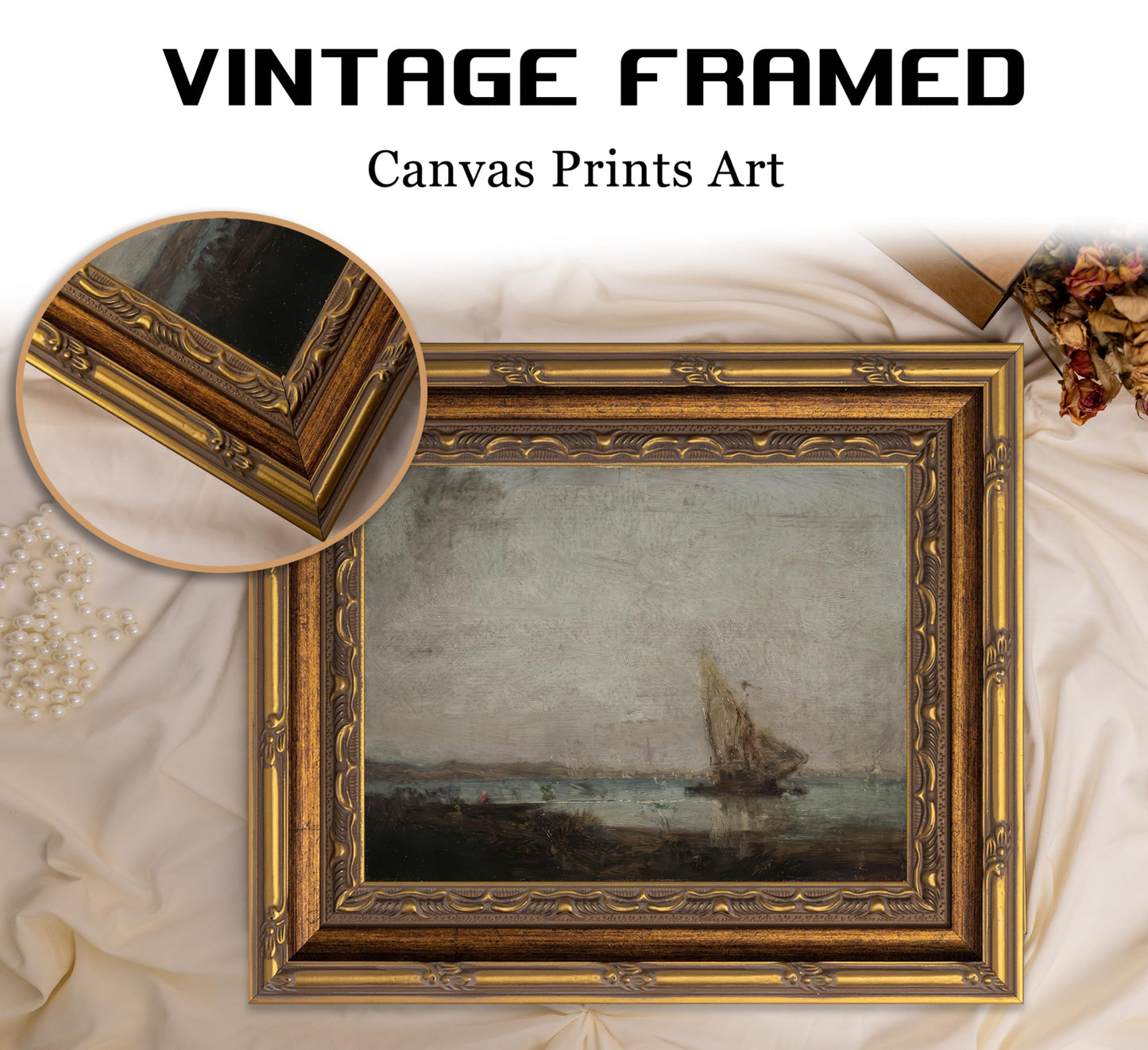 KKP Antique Gold Framed Coastal Wall Art, Vintage Sailboat Canvas Prints