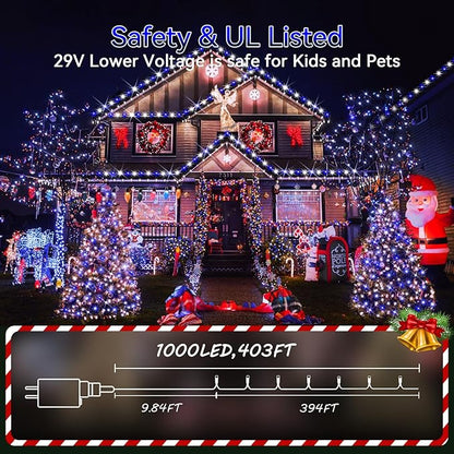 Hezbjiti 1000 LED 403 FT Christmas String Lights Outdoor, 8 Lighting Modes IP44 Waterproof Fairy Lights with Timer and Dimmable Function for Home Party Tree Decorations (Blue+White, Clear Wire)
