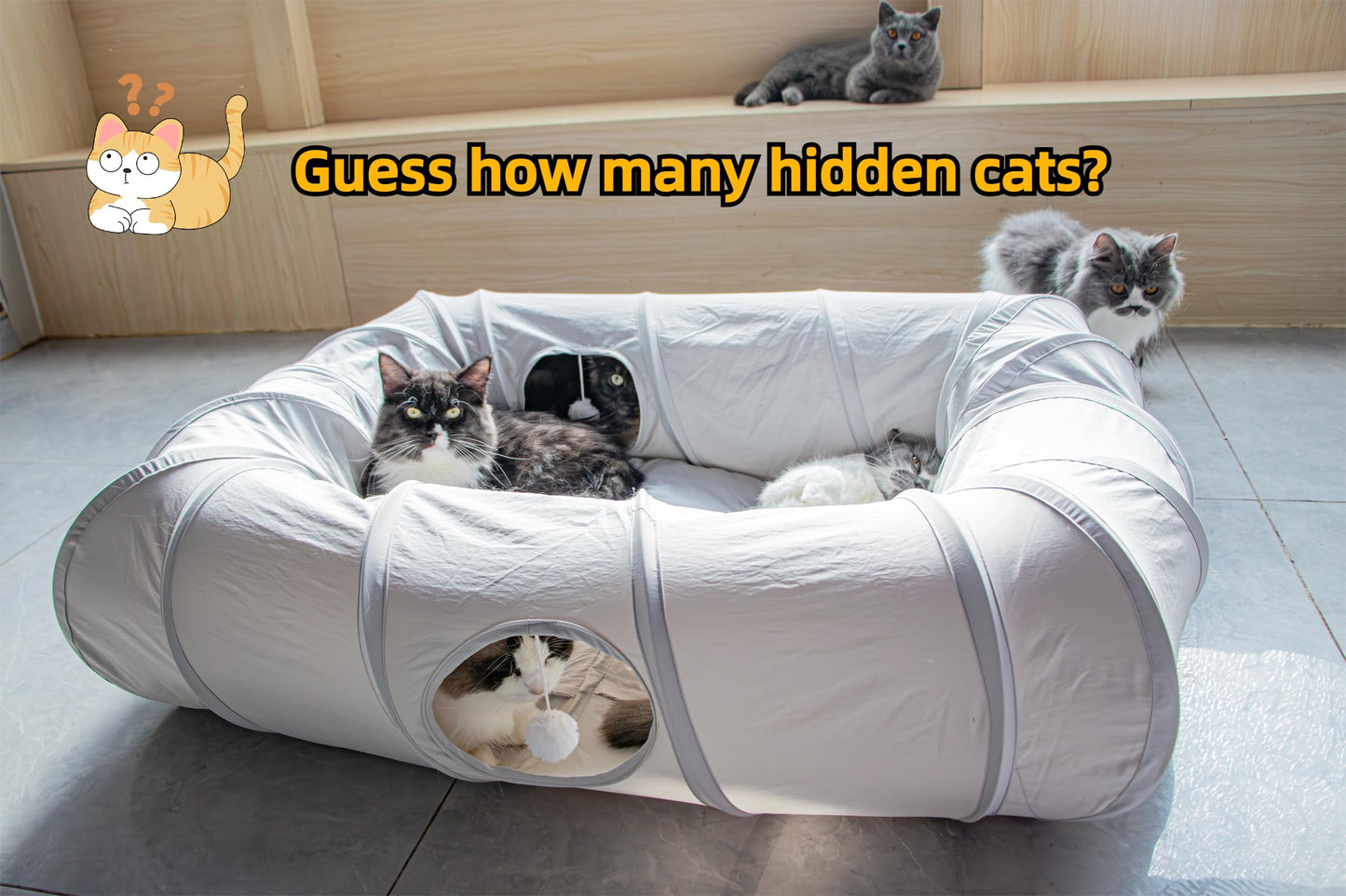 XxingSheep 4 Ways Shuttled XL Cat Tunnel Bed for Indoor Cats Peekaboo Cat Cave Donut with Cool Mat