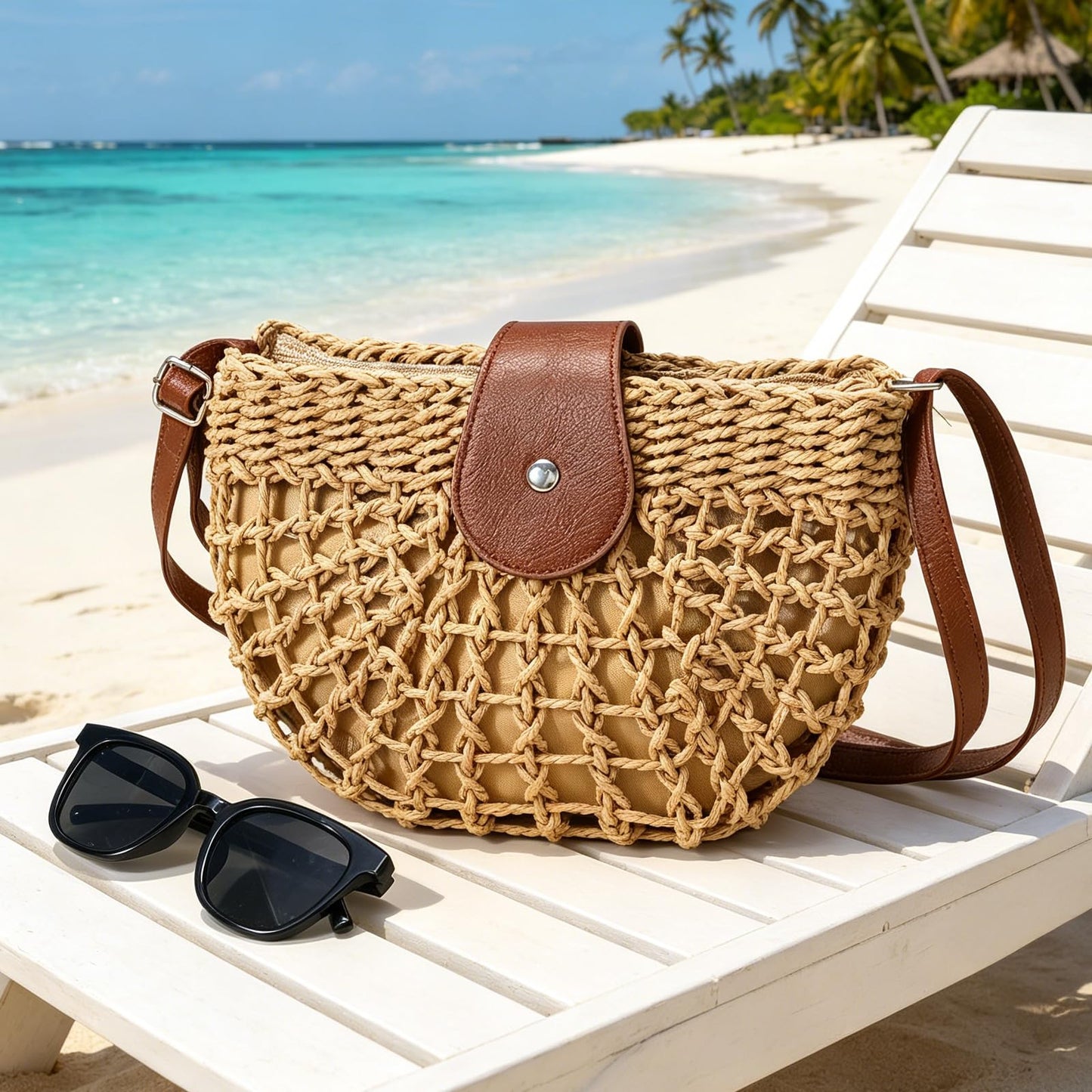 XquiziFit Straw Bag Beach Purse Summer Purses for Women Vacation Handbags Woven Crossbody Bags Khaki