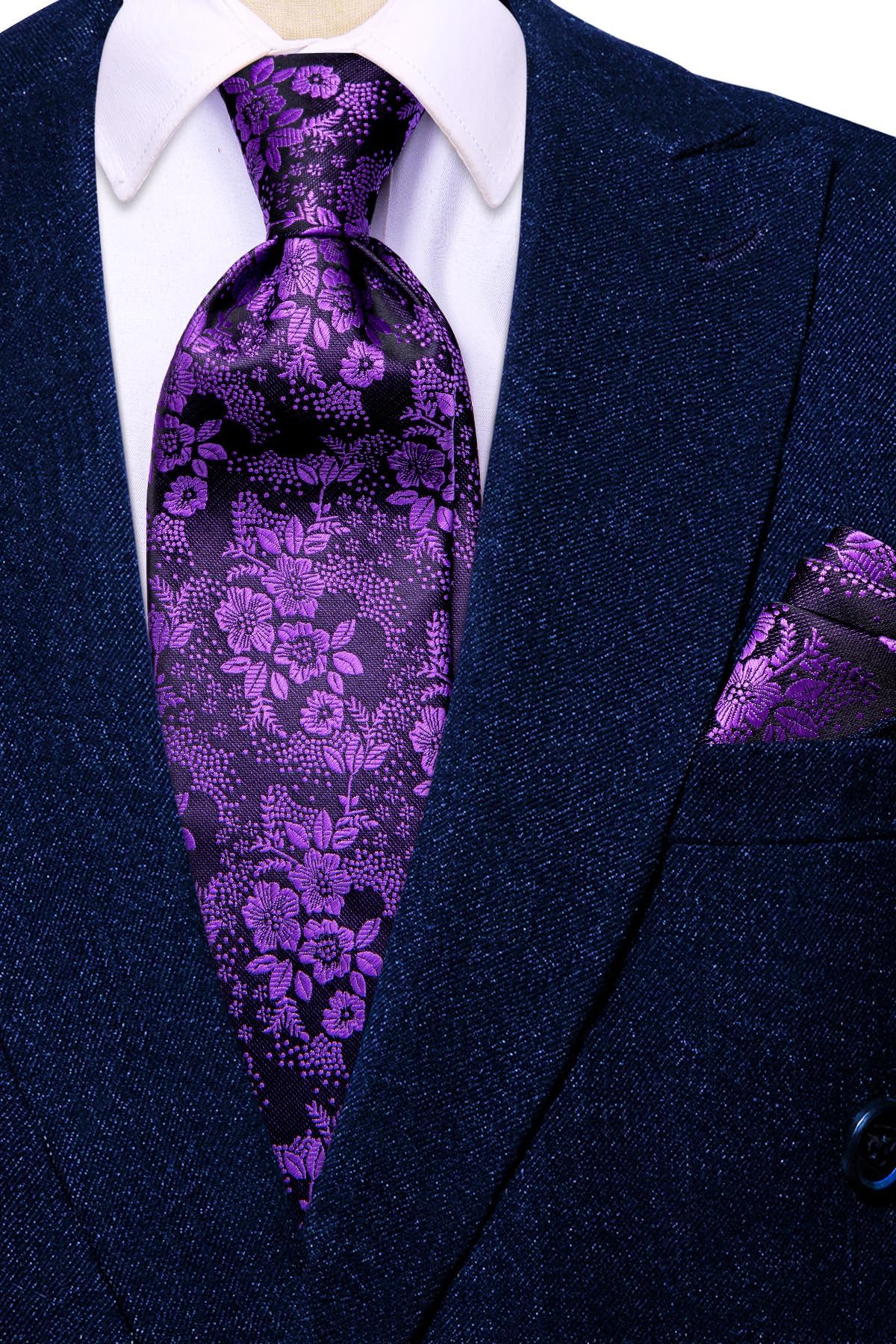 Hi-Tie Mardi Gras Purple and Black Silk Suspenders for Men Tie Set Jacquard Floral Adjustable Elastic Y Braces with Strong 6 Clips Pocket Square Set Wedding Party