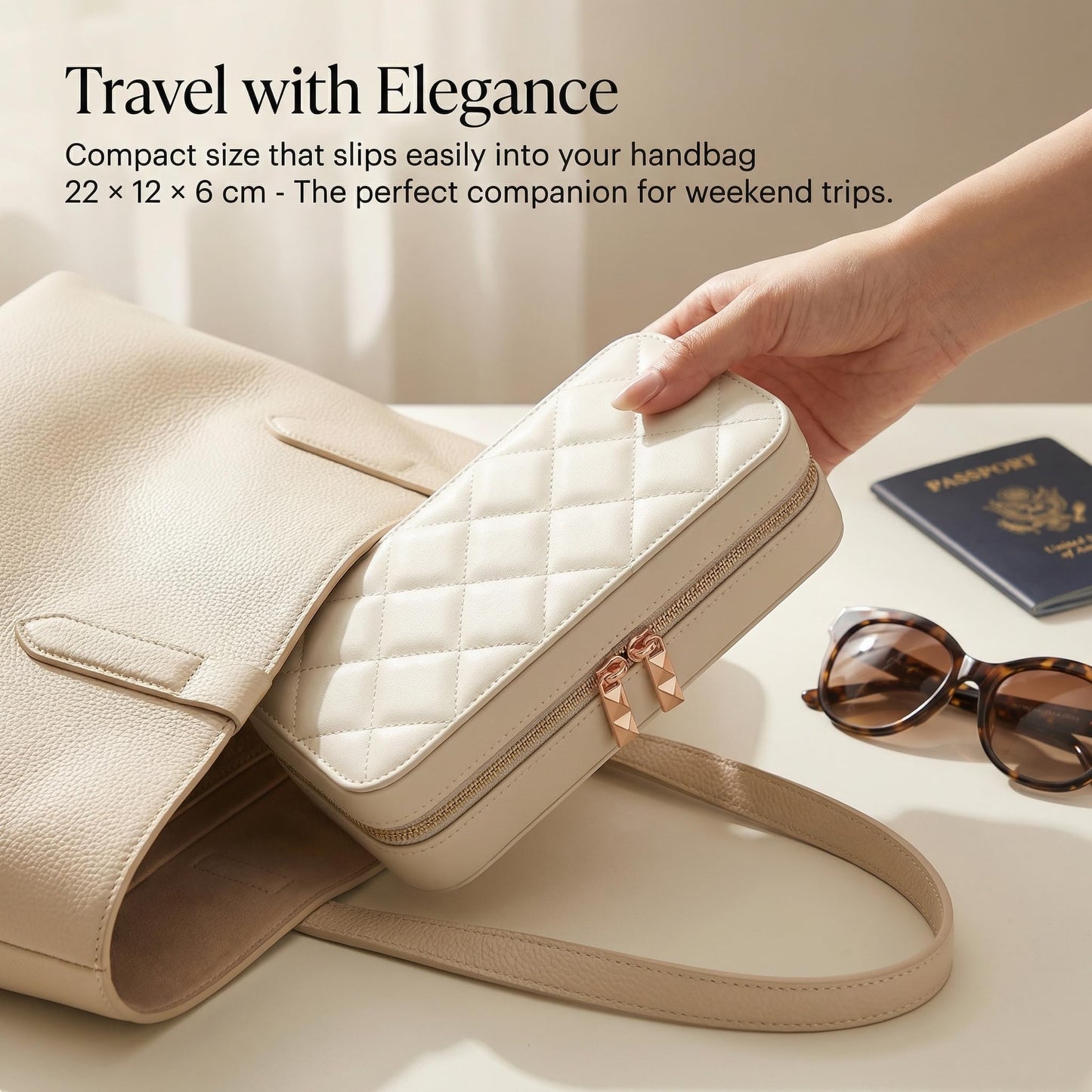 Lumayina Travel Jewelry Case with Mirror, Quilted Small Jewelry Box Organizer for Women Girls, Portable Earring Necklace Bracelet Ring Holder Storage for Travel Weekend Trips (Beige)