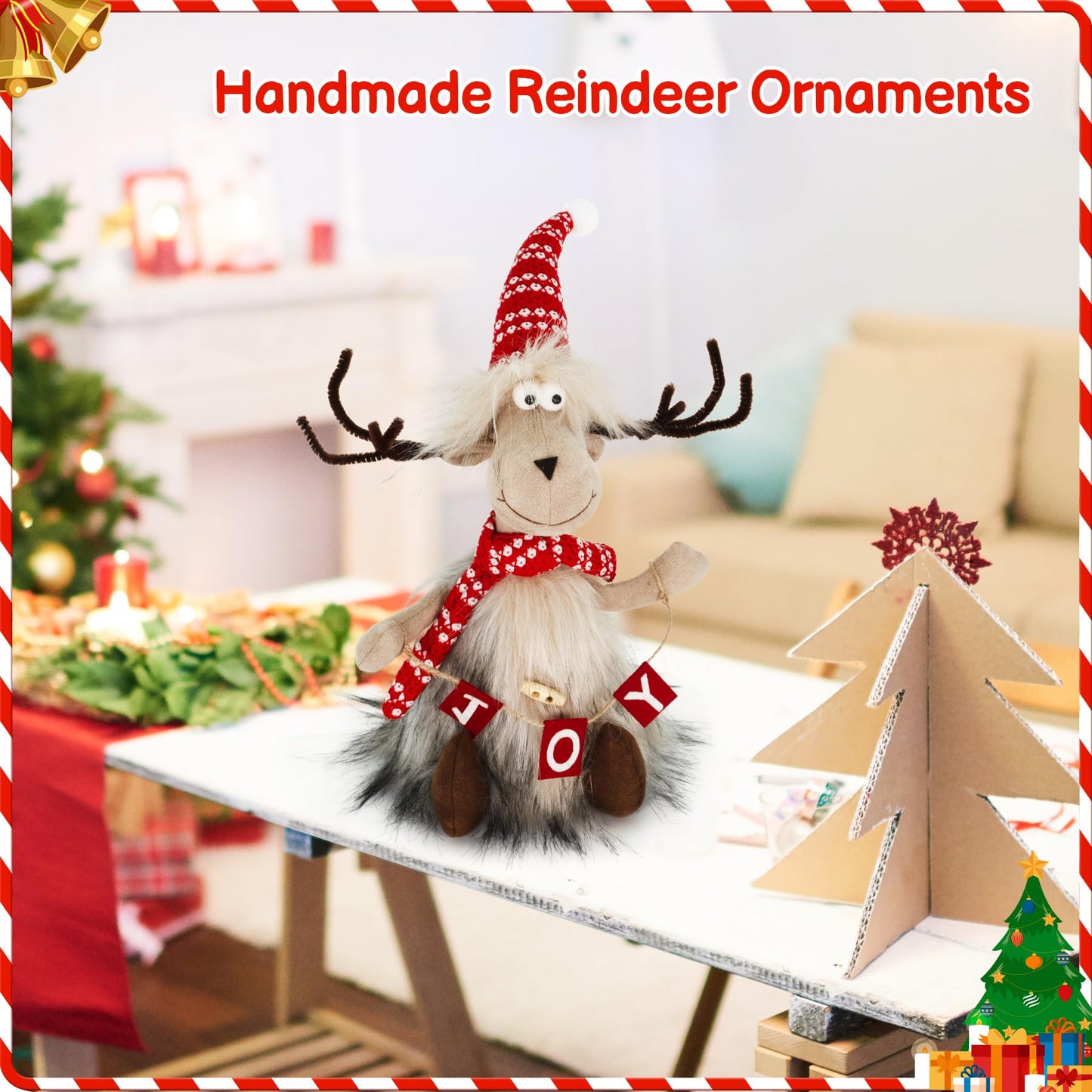 TACROART Reindeer Christmas Decoration – Plush Sitting Reindeer Figurine with Faux Fur Coat & Joy Banner, Rustic Tabletop Christmas Decor for Mantel, Shelf, or Gift Display