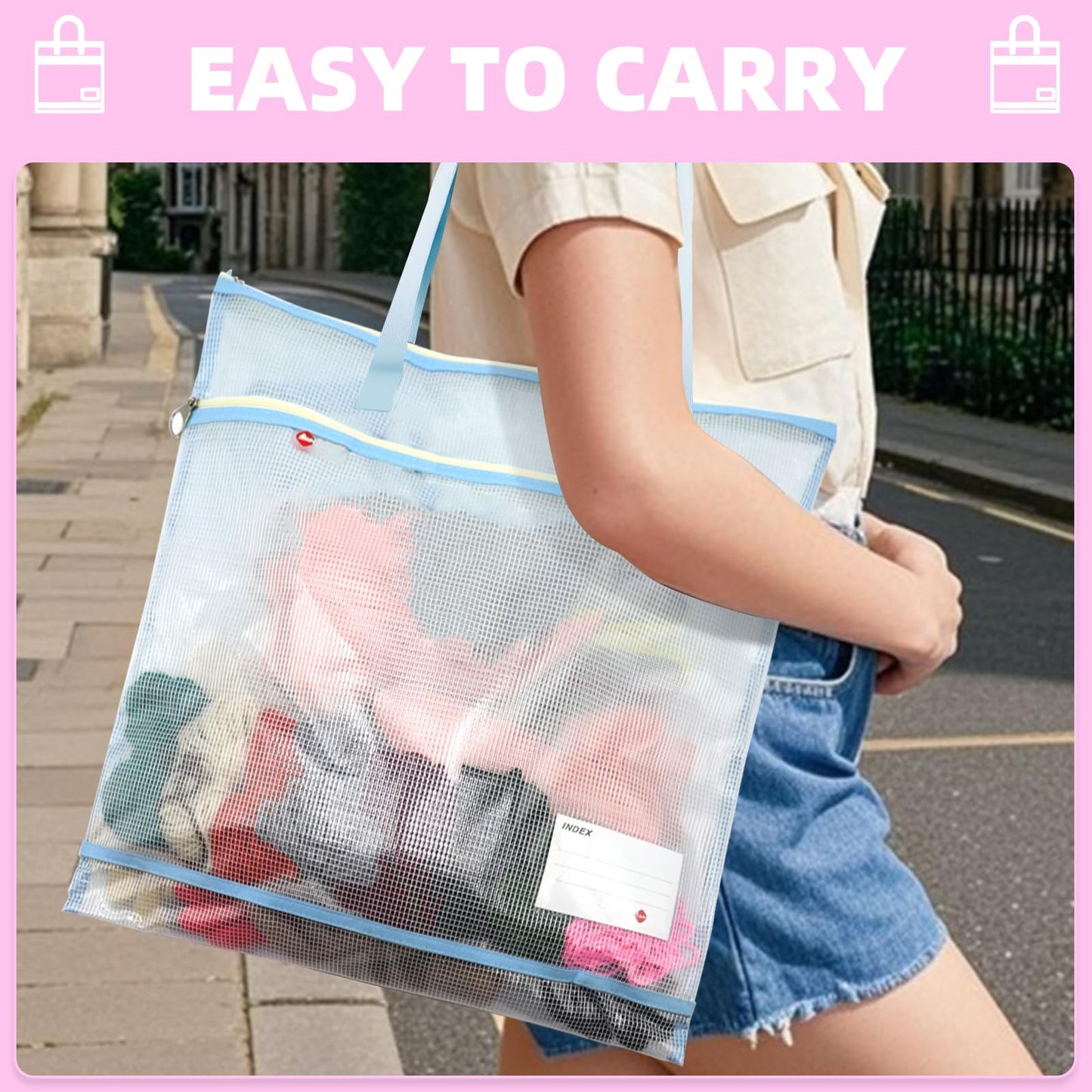 kuchisity 10 Pcs Sew Project Bags 16.5 x 16.5 Inch Back to School Quilting Craft Organizer Storage Bags with Handle and Pocket Jumbo See-Through Mesh Zipper Bags for Quilting, Knitting, Stitching